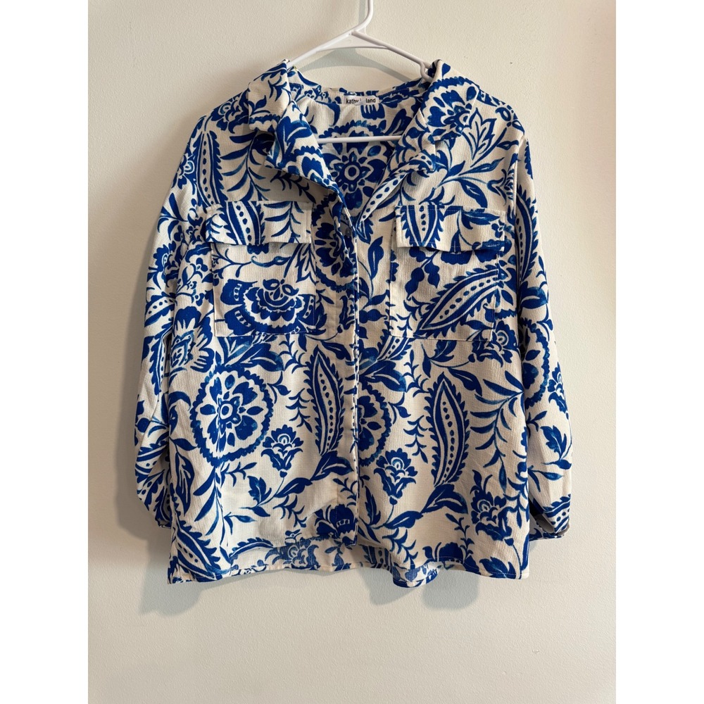 Coastal grandmother Kathy Ireland Floral Paisley Button Down Womens L Blue White